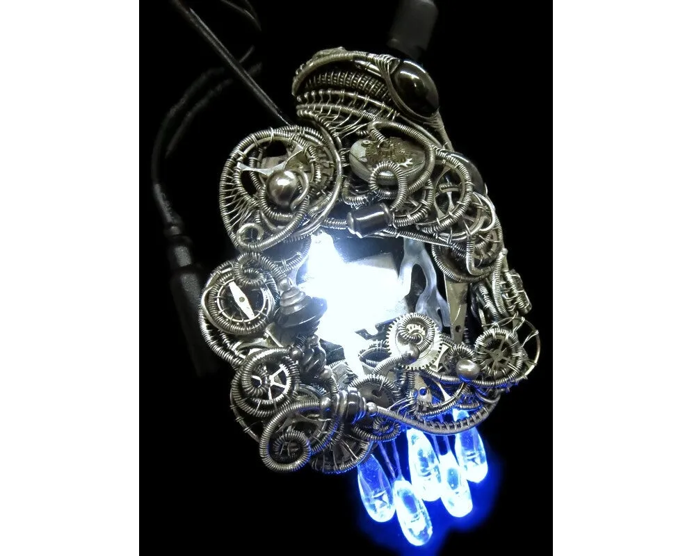 Thunderstorm Necklace with Upcycled Electronic and Watch Parts, Steampunk/Cyberpunk Fusion, LEDs
