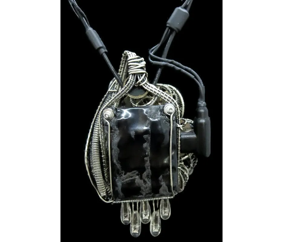 Thunderstorm Necklace with Upcycled Electronic and Watch Parts, Steampunk/Cyberpunk Fusion, LEDs