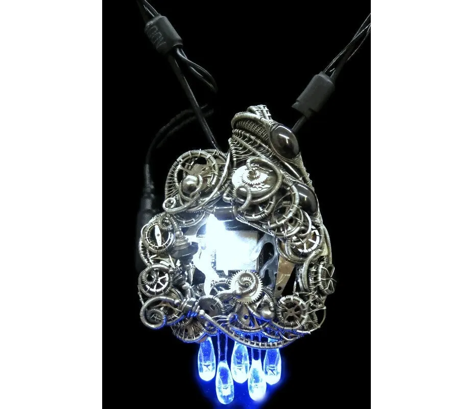 Thunderstorm Necklace with Upcycled Electronic and Watch Parts, Steampunk/Cyberpunk Fusion, LEDs