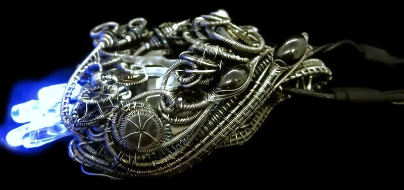 Thunderstorm Necklace with Upcycled Electronic and Watch Parts, Steampunk/Cyberpunk Fusion, LEDs