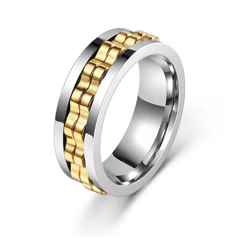 Titanium Spinner Square Texture Ring for Men - High-Polished Stainless Steel Gear Rotating Fidget Ring, Anxiety-Relief Charm Jewelry