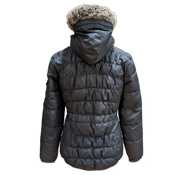 Tommy Hilfiger Black Faux Fur Hood Quilted Puffer Jacket Cinched Waist Size S