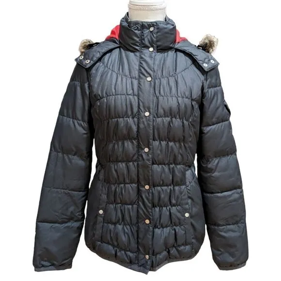Tommy Hilfiger Black Faux Fur Hood Quilted Puffer Jacket Cinched Waist Size S