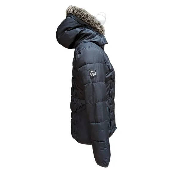 Tommy Hilfiger Black Faux Fur Hood Quilted Puffer Jacket Cinched Waist Size S