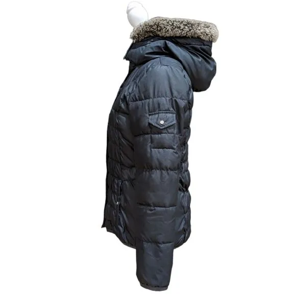 Tommy Hilfiger Black Faux Fur Hood Quilted Puffer Jacket Cinched Waist Size S
