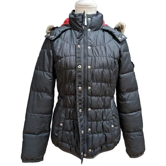 Tommy Hilfiger Black Faux Fur Hood Quilted Puffer Jacket Cinched Waist Size S