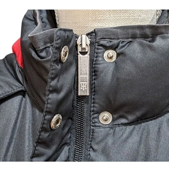 Tommy Hilfiger Black Faux Fur Hood Quilted Puffer Jacket Cinched Waist Size S