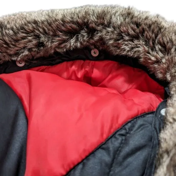 Tommy Hilfiger Black Faux Fur Hood Quilted Puffer Jacket Cinched Waist Size S