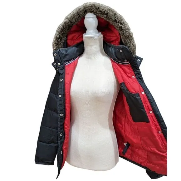 Tommy Hilfiger Black Faux Fur Hood Quilted Puffer Jacket Cinched Waist Size S