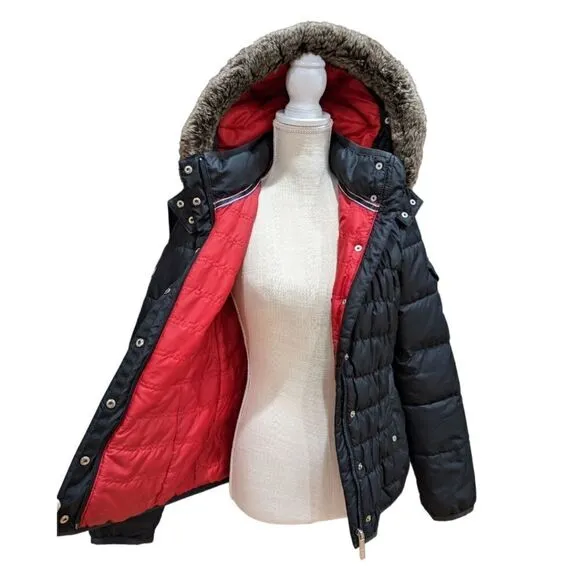 Tommy Hilfiger Black Faux Fur Hood Quilted Puffer Jacket Cinched Waist Size S