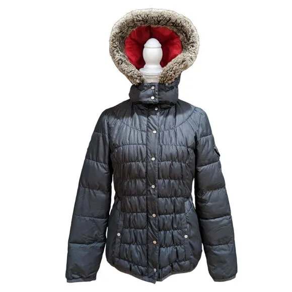 Tommy Hilfiger Black Faux Fur Hood Quilted Puffer Jacket Cinched Waist Size S
