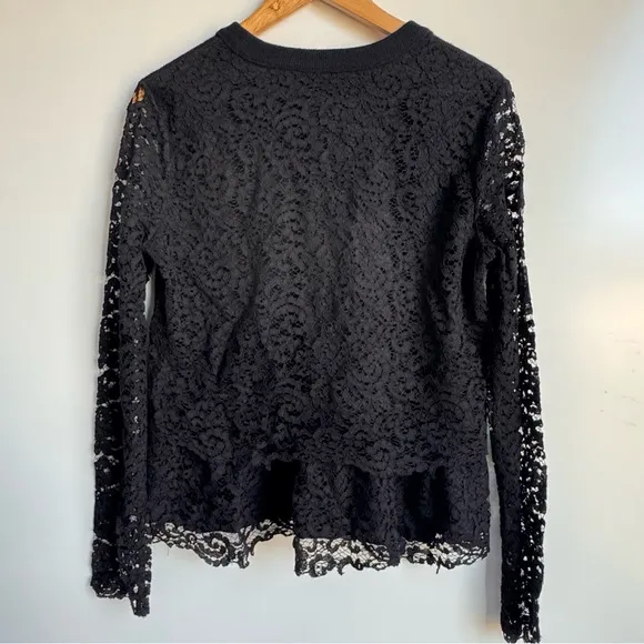 Tory Burch size medium Black Lace Merino Wool Tiered Pullover Sweater Spring Lux