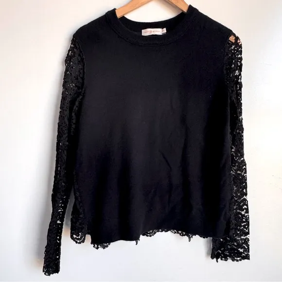 Tory Burch size medium Black Lace Merino Wool Tiered Pullover Sweater Spring Lux