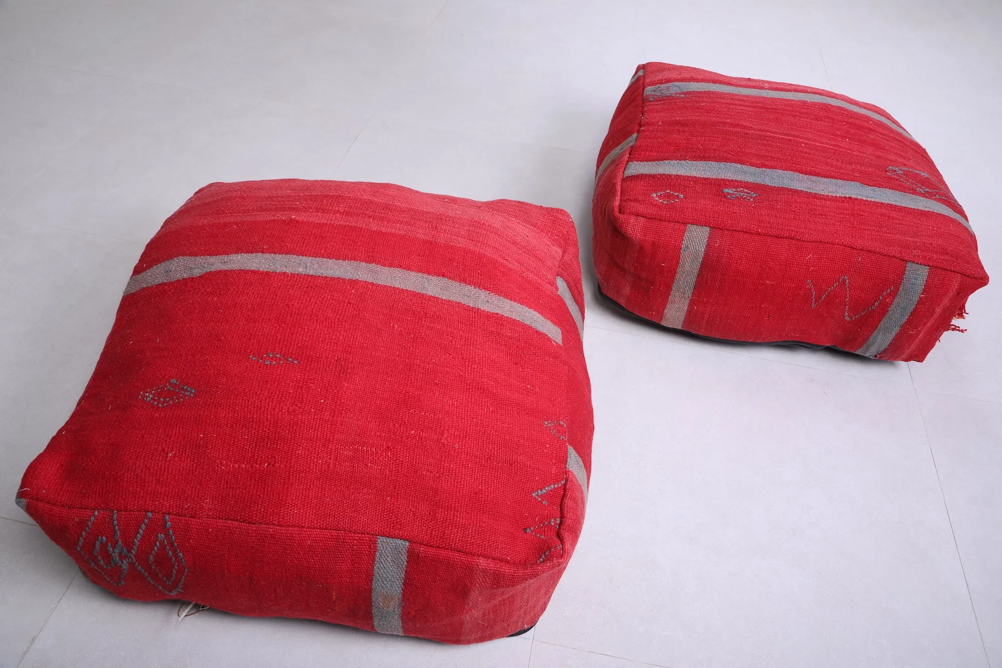 Two Moroccan Floor Poufs red Ottoman
