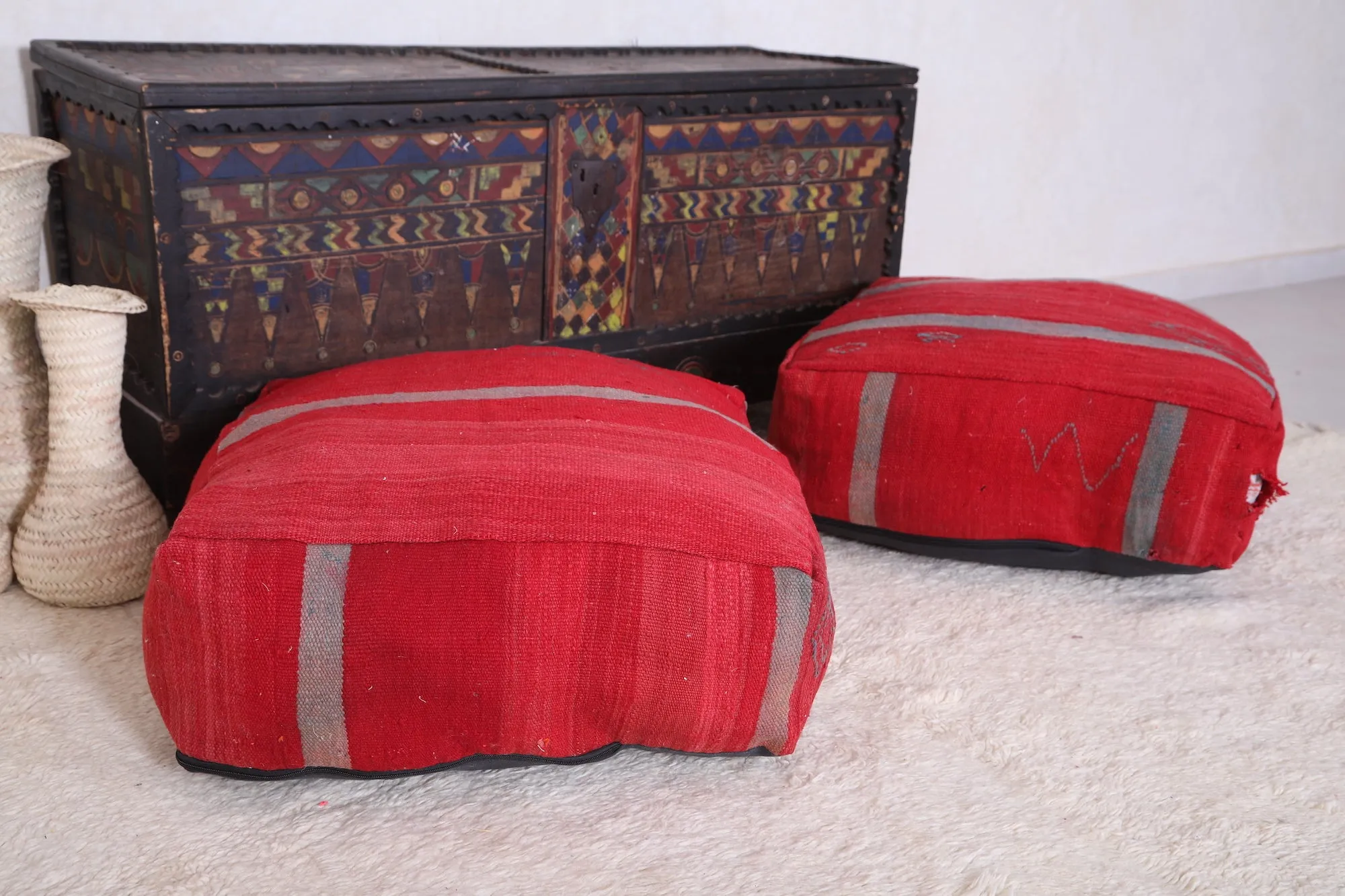 Two Moroccan Floor Poufs red Ottoman