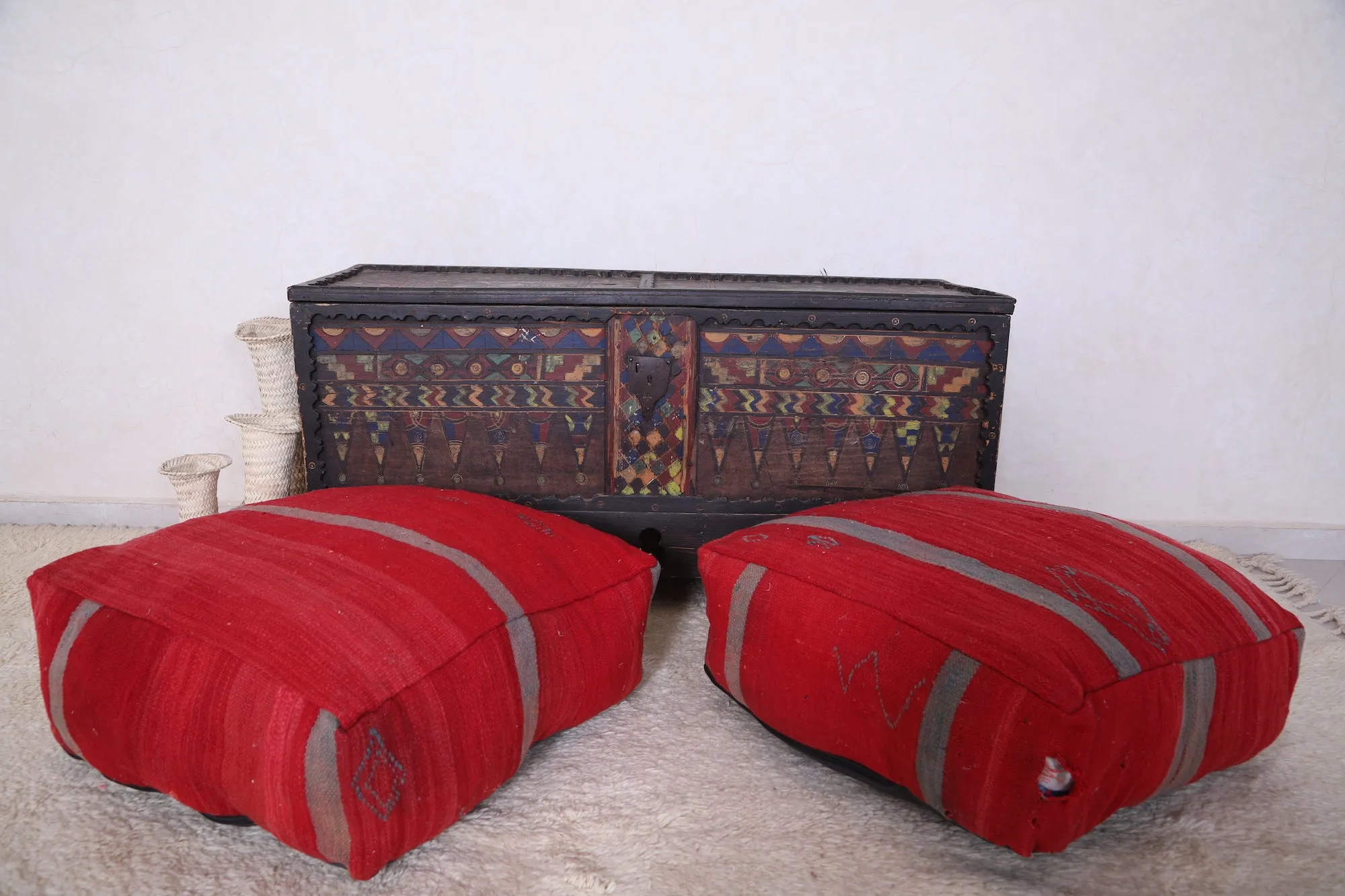 Two Moroccan Floor Poufs red Ottoman