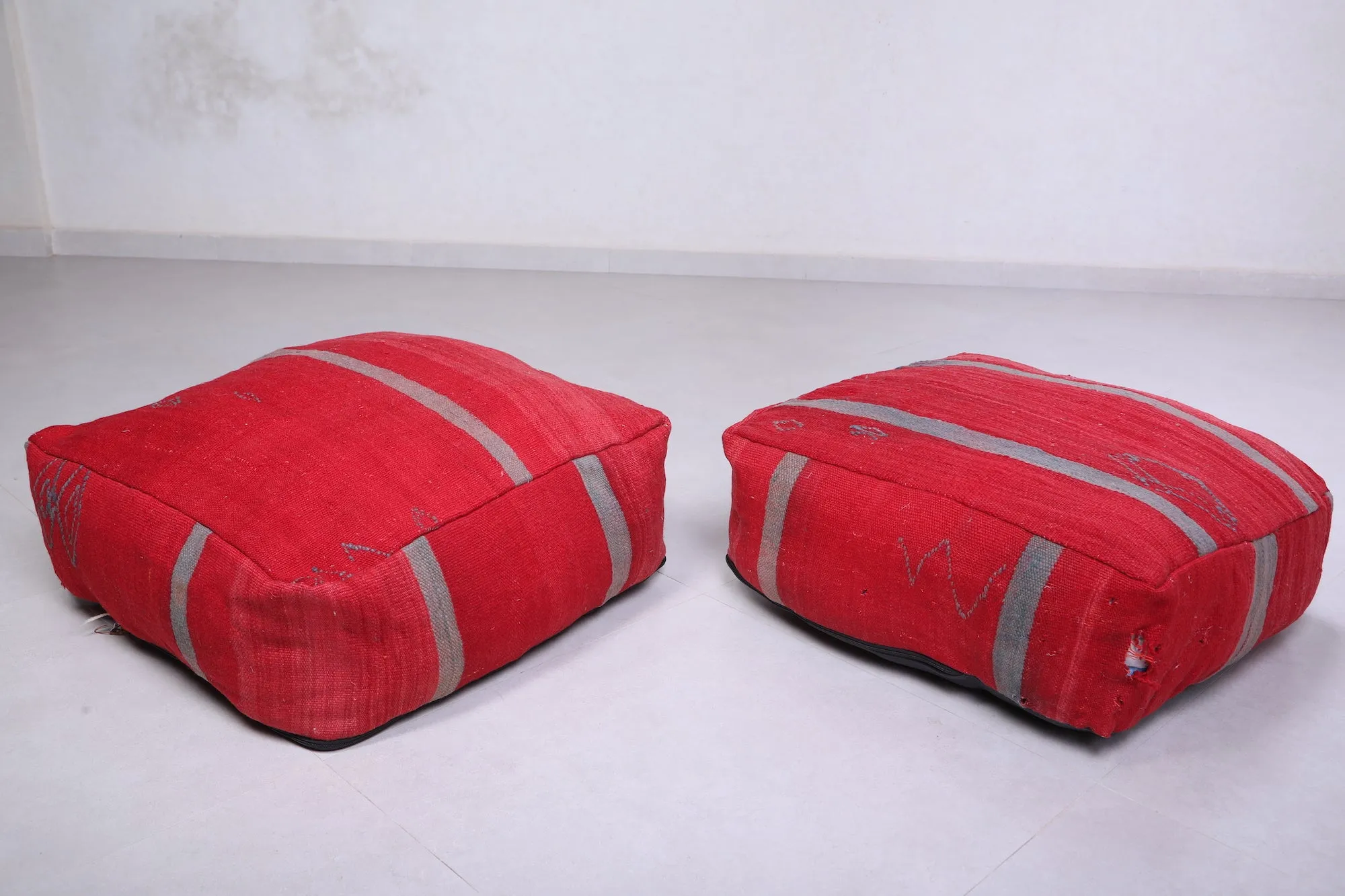 Two Moroccan Floor Poufs red Ottoman