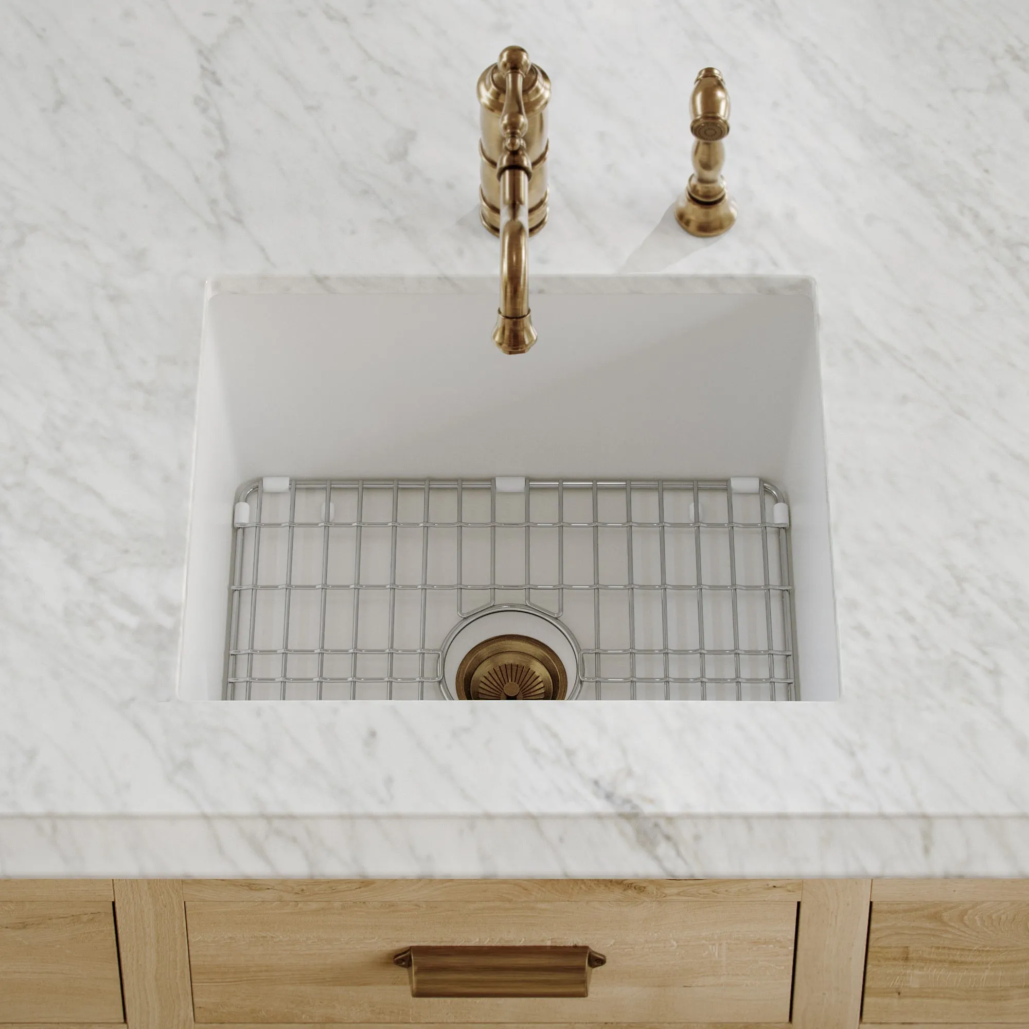 Undermount/Drop-in Single Bowl Fireclay Kitchen Sinks, Stainless Steel Grid Included