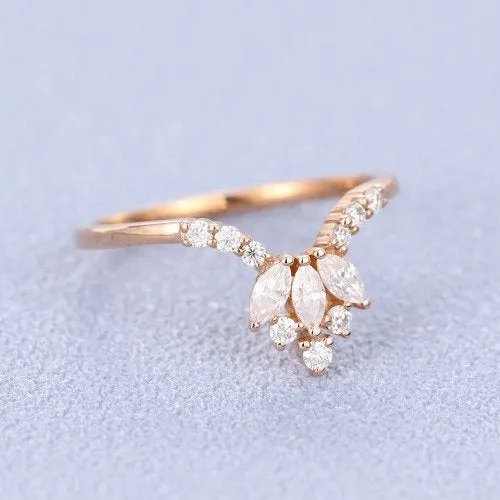 Unique wedding band women Solid 14K rose gold Moissanite wedding band vintage Marquise Stacking ring antique matching band Promise gift