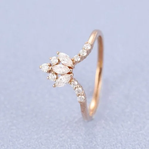 Unique wedding band women Solid 14K rose gold Moissanite wedding band vintage Marquise Stacking ring antique matching band Promise gift