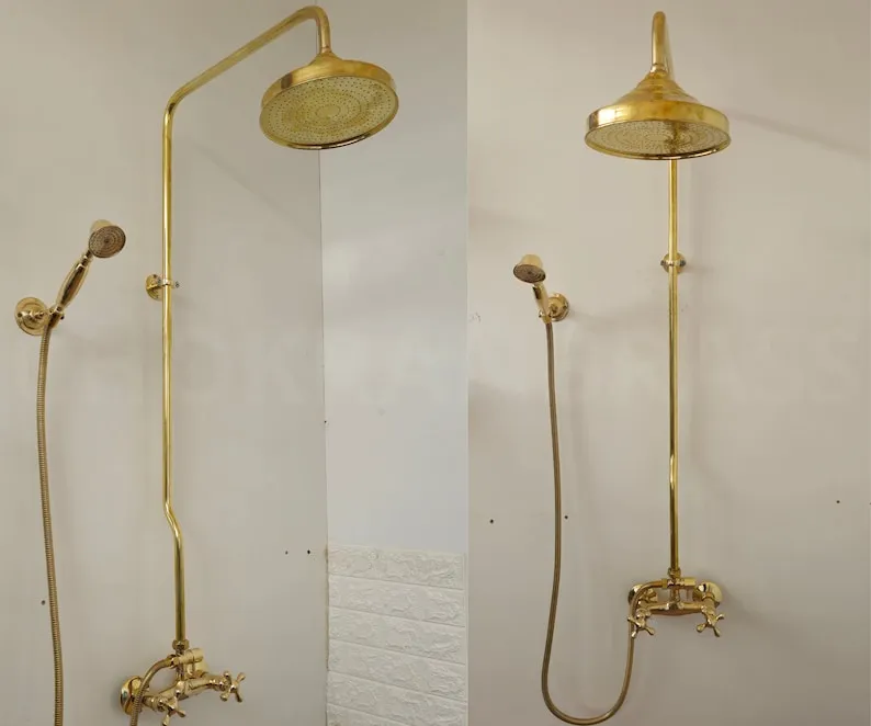 Unlacquered Brass Exposed Shower Head with Handheld - Handcrafted Solid Brass Shower Combo System