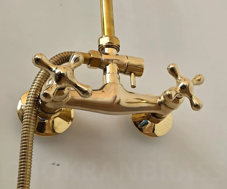 Unlacquered Brass Exposed Shower Head with Handheld - Handcrafted Solid Brass Shower Combo System