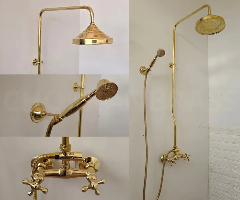 Unlacquered Brass Exposed Shower Head with Handheld - Handcrafted Solid Brass Shower Combo System