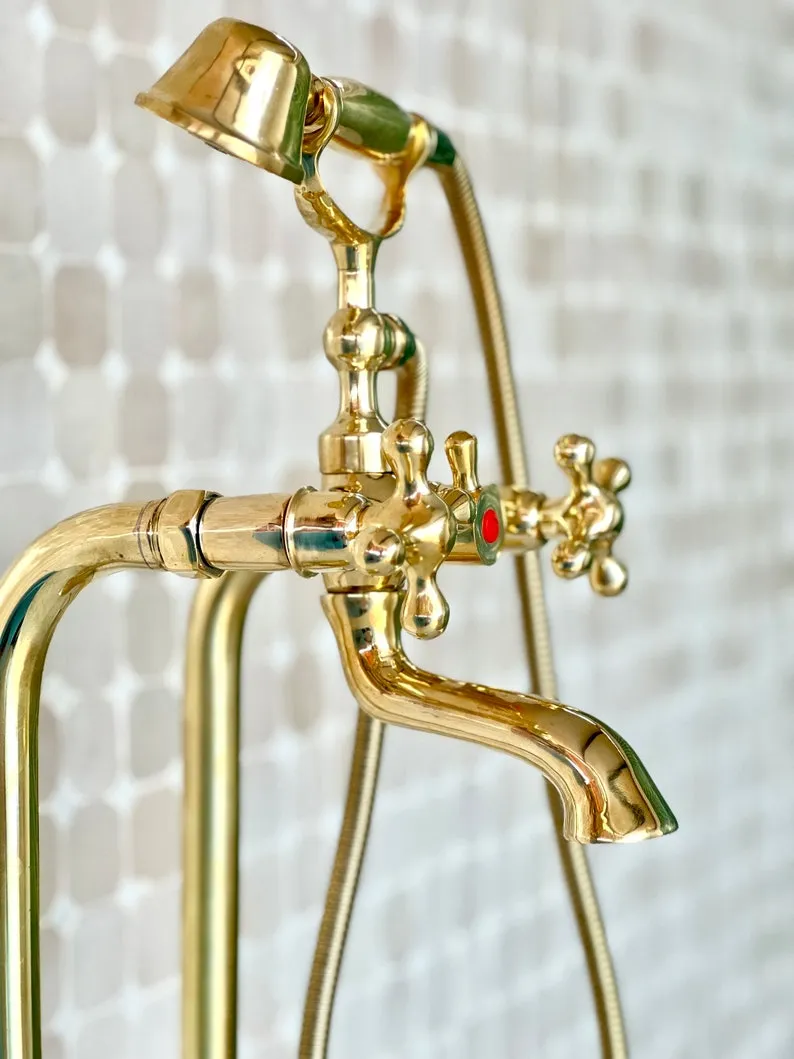 Unlacquered Brass Exposed Shower Head with Handheld - Handcrafted Solid Brass Shower Combo System