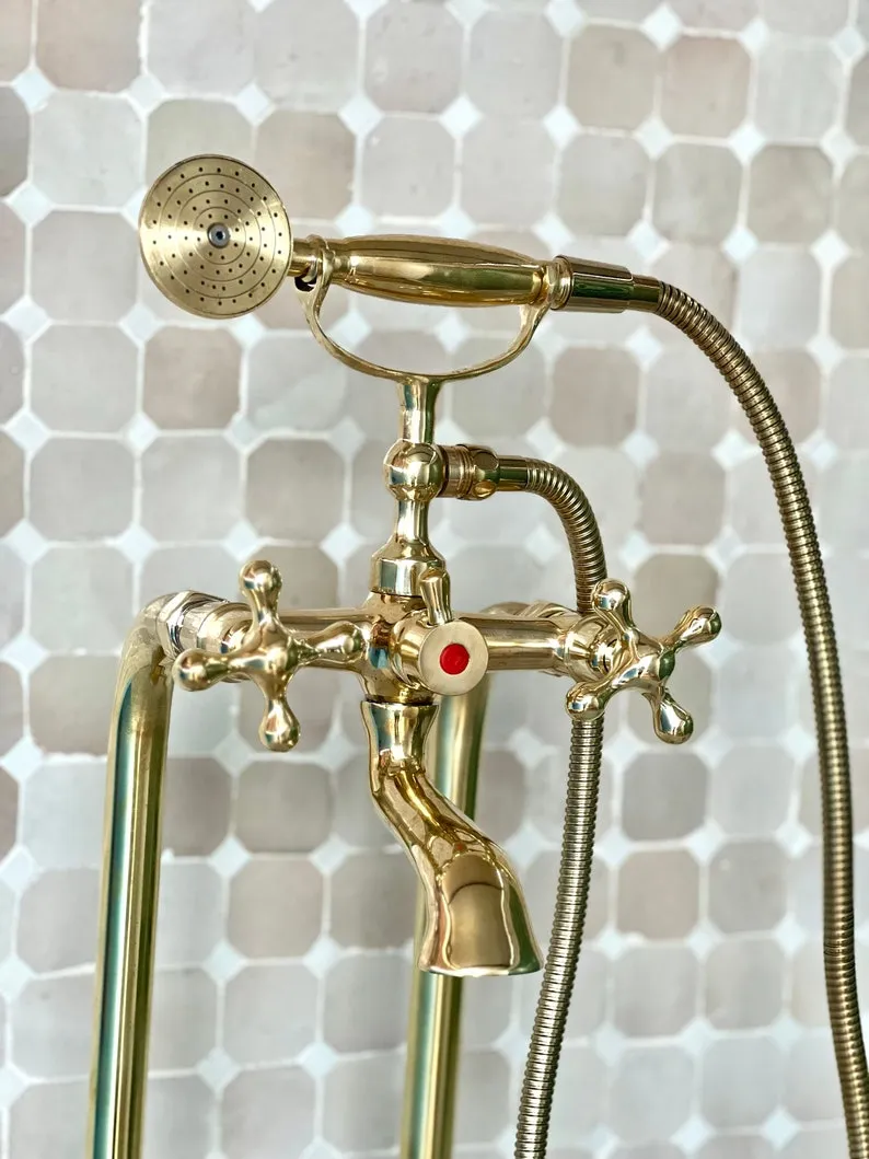 Unlacquered Brass Exposed Shower Head with Handheld - Handcrafted Solid Brass Shower Combo System