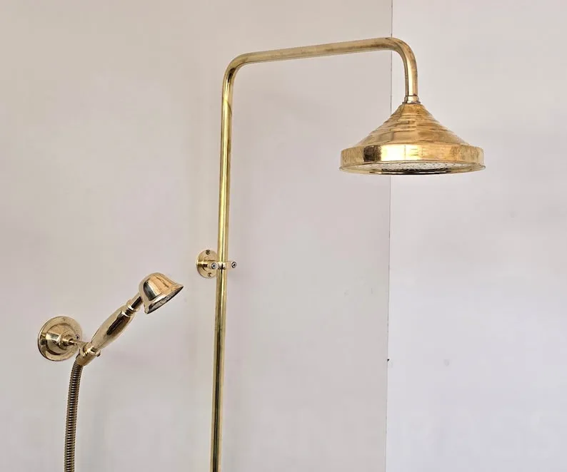 Unlacquered Brass Exposed Shower Head with Handheld - Handcrafted Solid Brass Shower Combo System