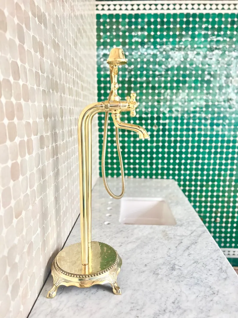 Unlacquered Brass Exposed Shower Head with Handheld - Handcrafted Solid Brass Shower Combo System