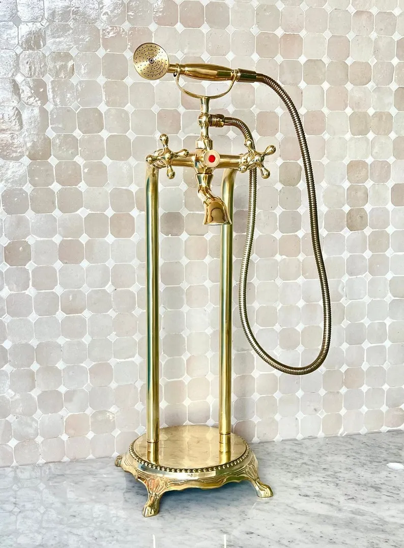 Unlacquered Brass Exposed Shower Head with Handheld - Handcrafted Solid Brass Shower Combo System