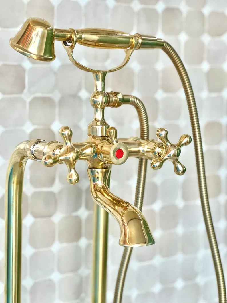 Unlacquered Brass Exposed Shower Head with Handheld - Handcrafted Solid Brass Shower Combo System