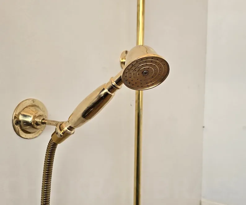 Unlacquered Brass Exposed Shower Head with Handheld - Handcrafted Solid Brass Shower Combo System