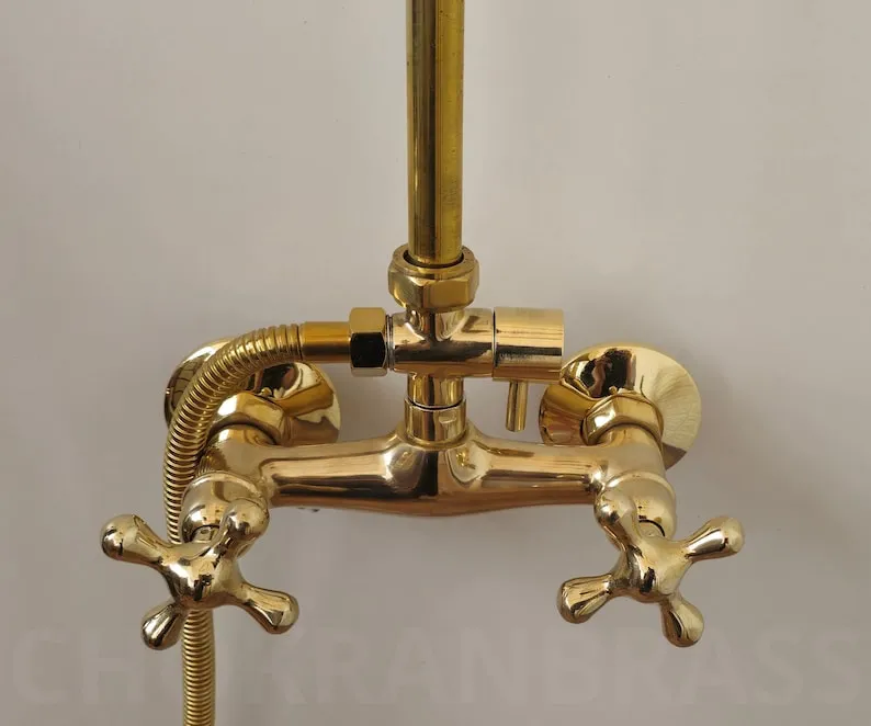 Unlacquered Brass Exposed Shower Head with Handheld - Handcrafted Solid Brass Shower Combo System