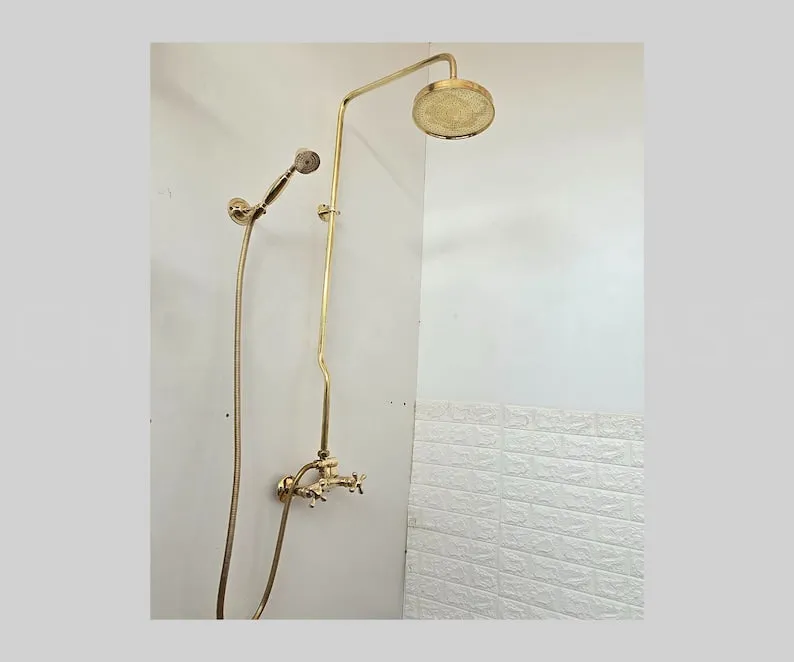 Unlacquered Brass Exposed Shower Head with Handheld - Handcrafted Solid Brass Shower Combo System