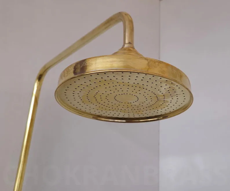 Unlacquered Brass Exposed Shower Head with Handheld - Handcrafted Solid Brass Shower Combo System