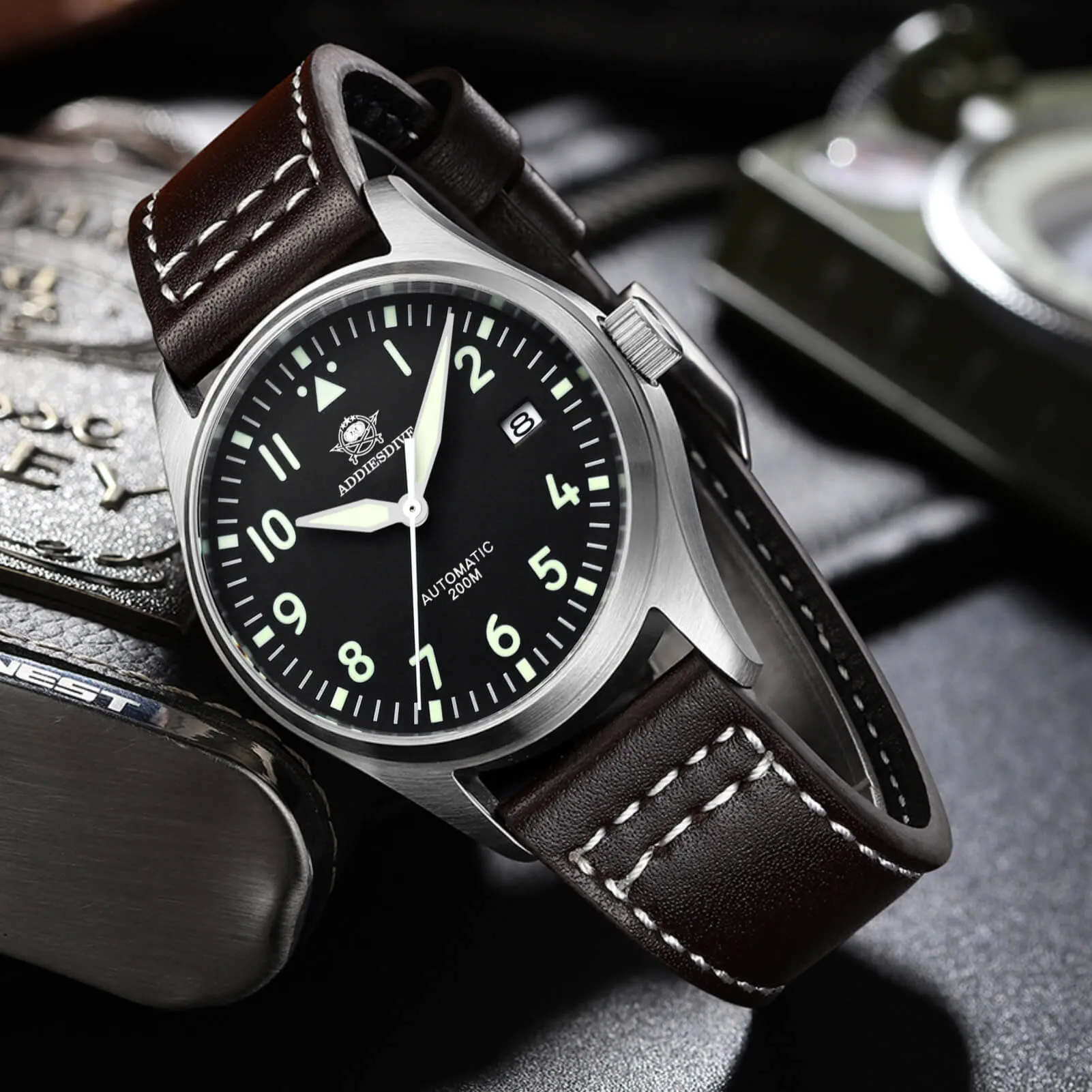 U.S. Warehouse -ADDIESDIVE®39mm Leather Men's Elegant Automatic Watch Diver 200M (MY-H2)