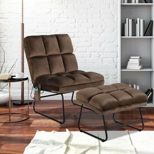 Velvet Massage Recliners with Ottoman Remote Control and Side Pocket-Brown - Col