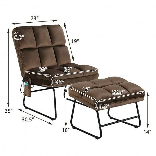Velvet Massage Recliners with Ottoman Remote Control and Side Pocket-Brown - Col