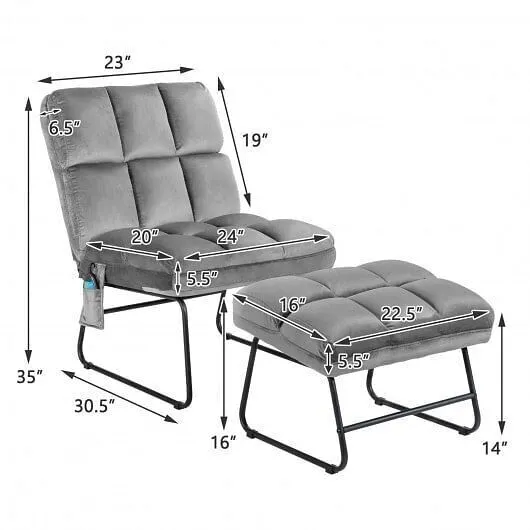 Velvet Massage Recliners with Ottoman Remote Control and Side Pocket-Gray - Colo