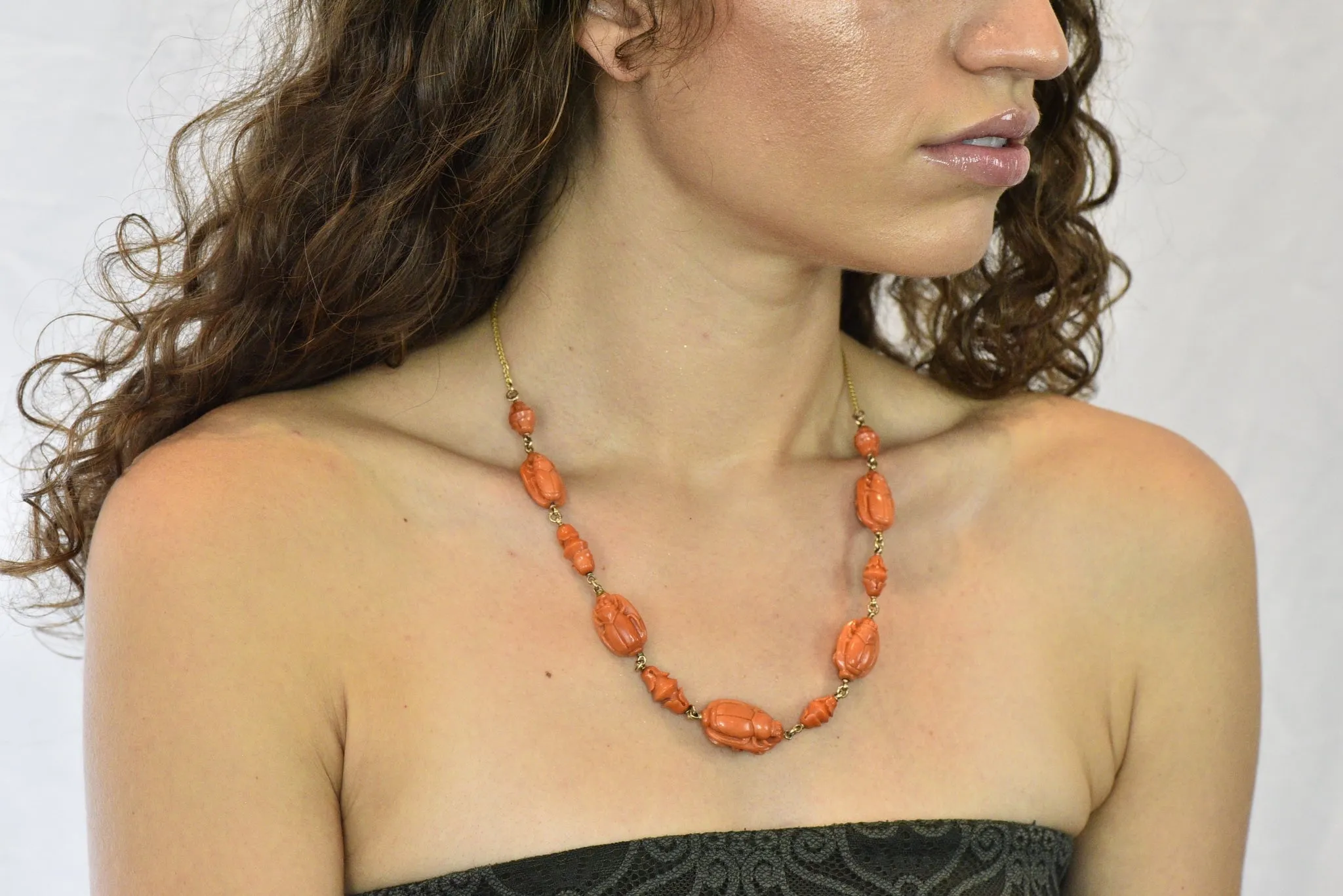 Victorian Carved Butterfly & Scarab Coral 14 Karat Gold Necklace