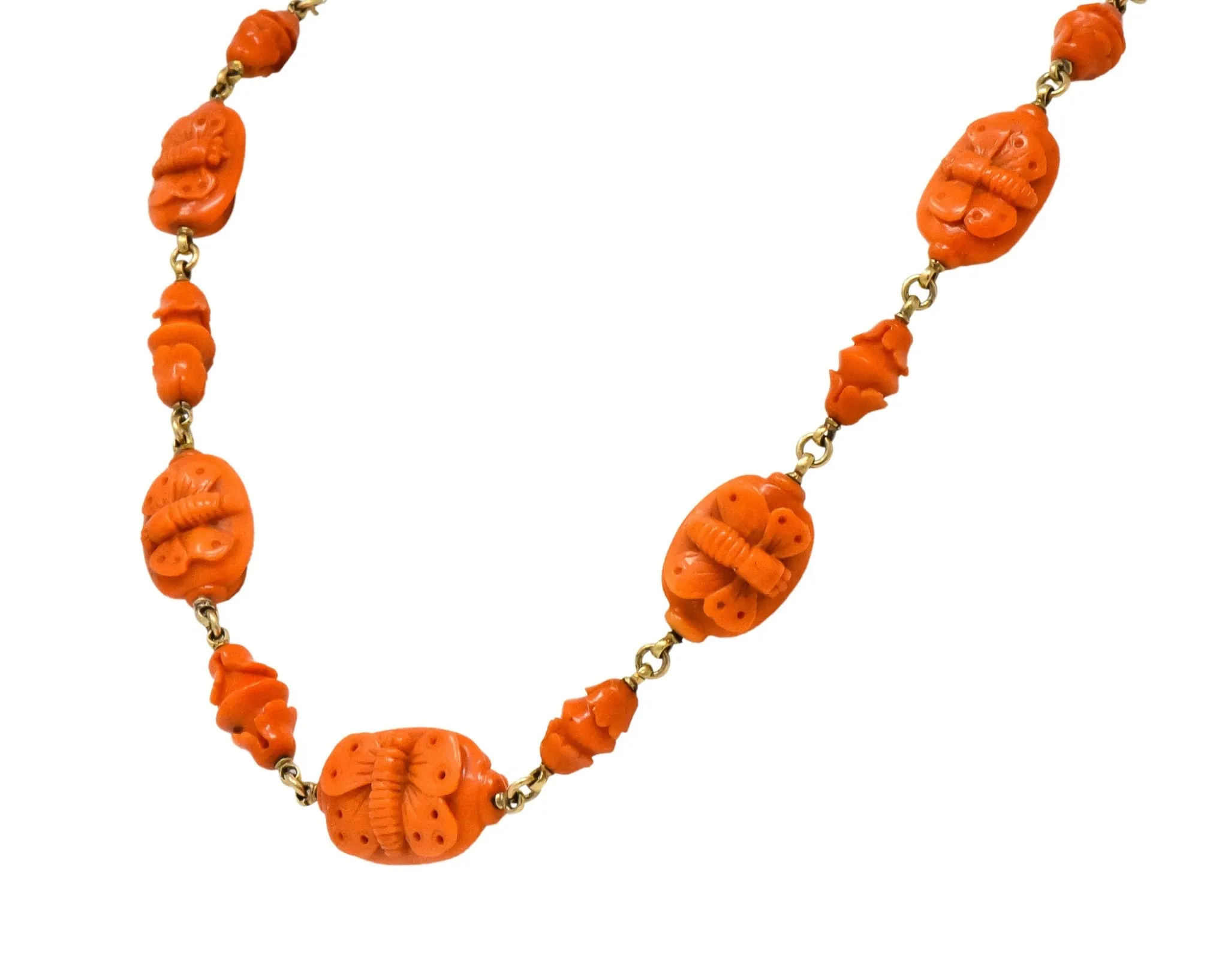 Victorian Carved Butterfly & Scarab Coral 14 Karat Gold Necklace