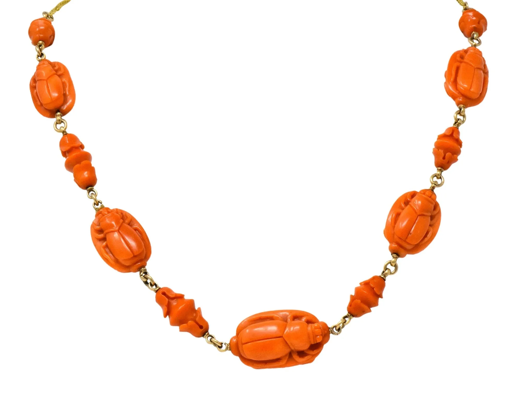 Victorian Carved Butterfly & Scarab Coral 14 Karat Gold Necklace