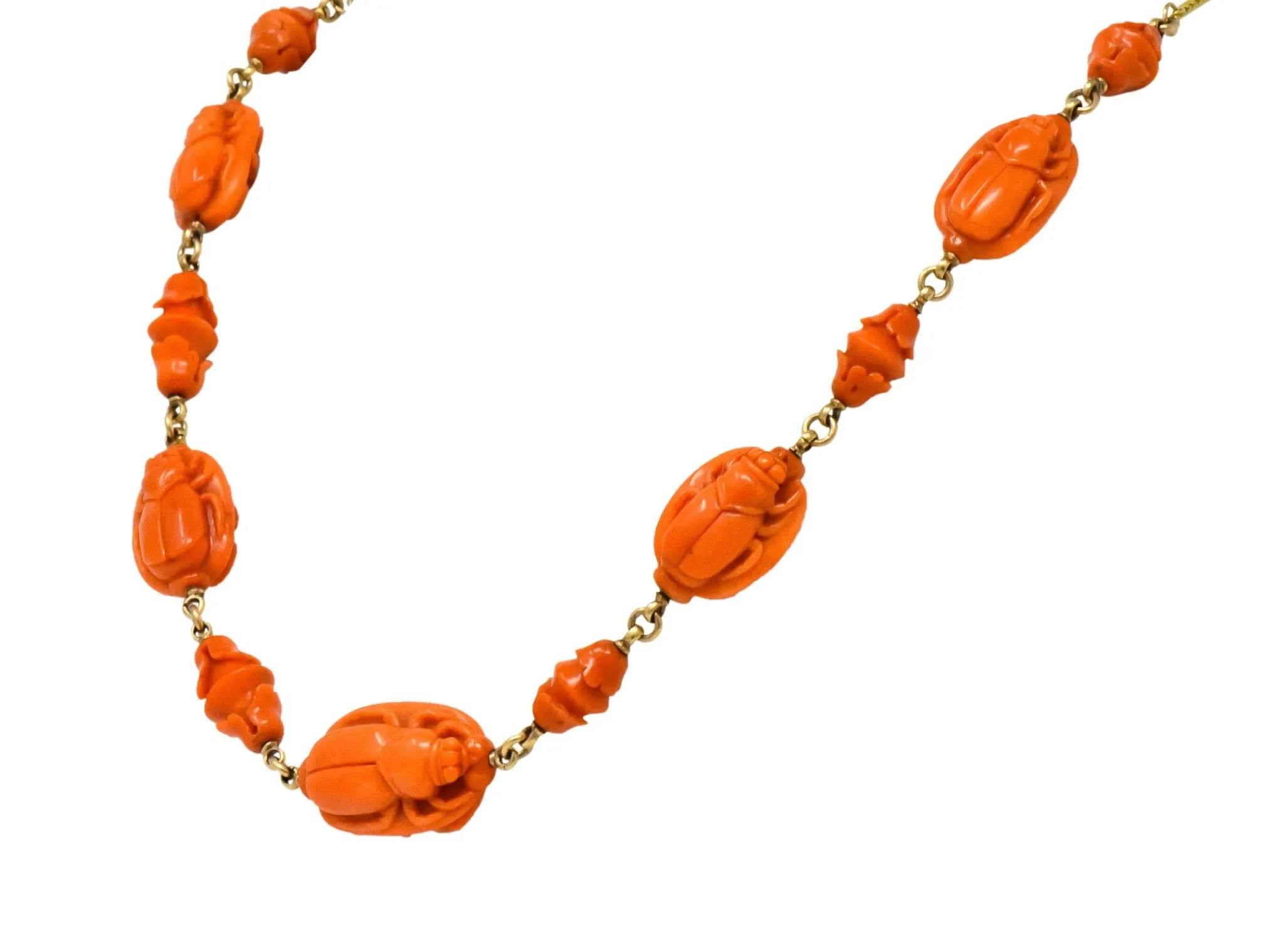 Victorian Carved Butterfly & Scarab Coral 14 Karat Gold Necklace
