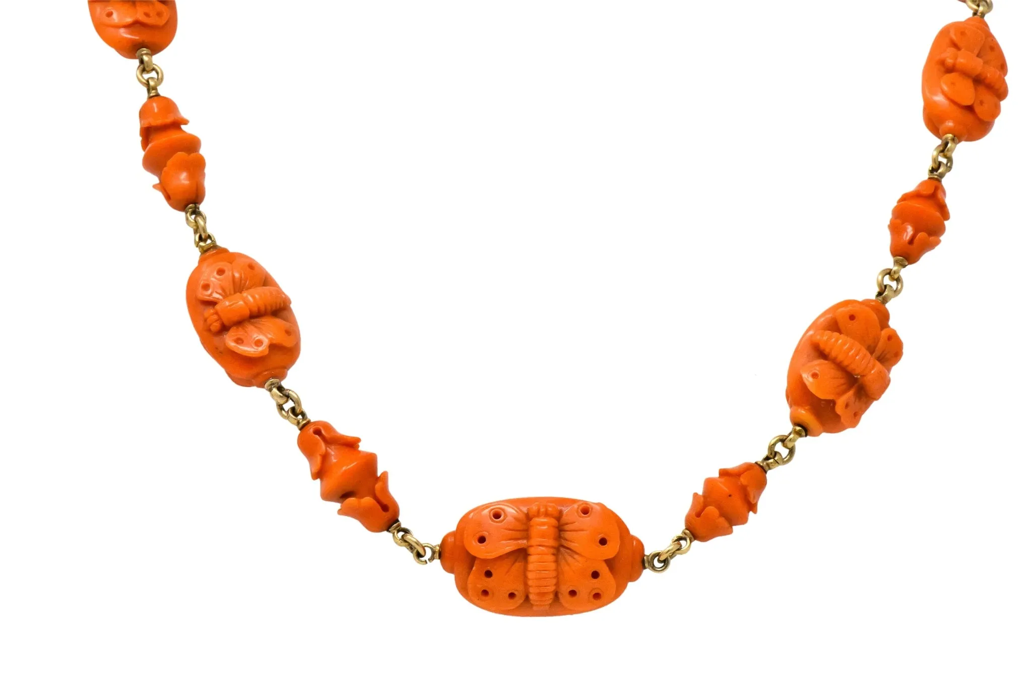 Victorian Carved Butterfly & Scarab Coral 14 Karat Gold Necklace
