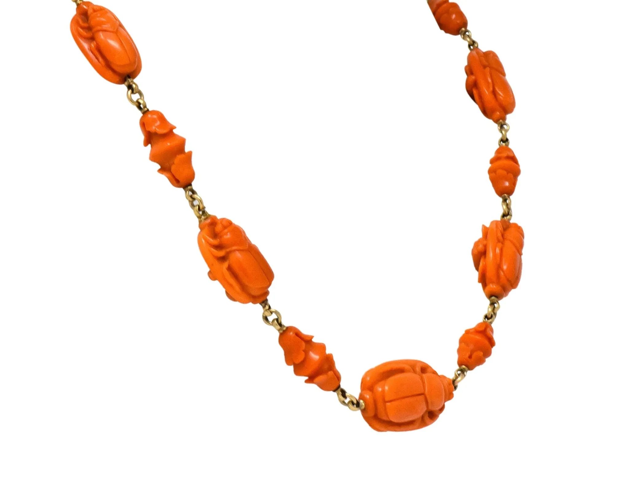 Victorian Carved Butterfly & Scarab Coral 14 Karat Gold Necklace