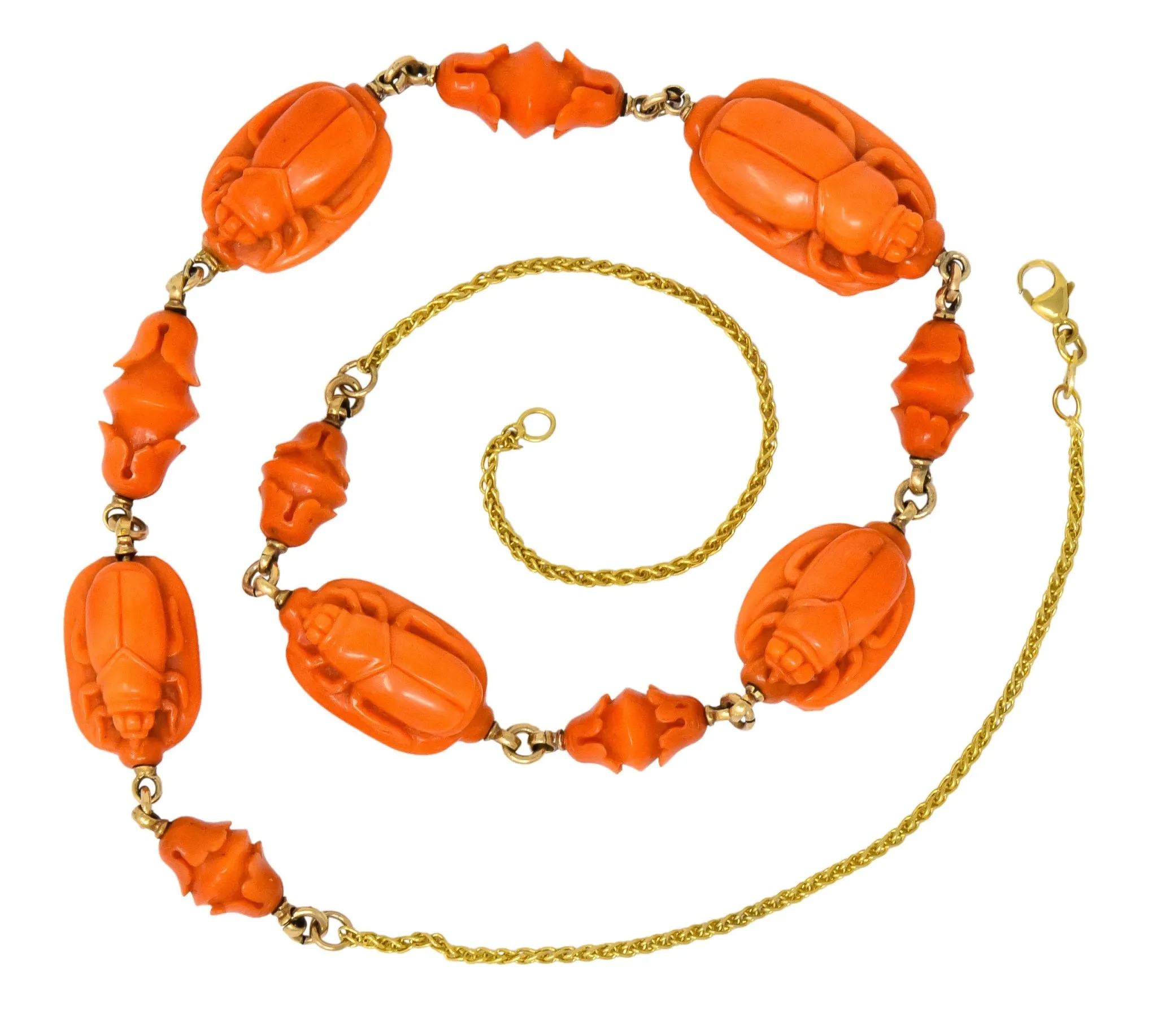 Victorian Carved Butterfly & Scarab Coral 14 Karat Gold Necklace