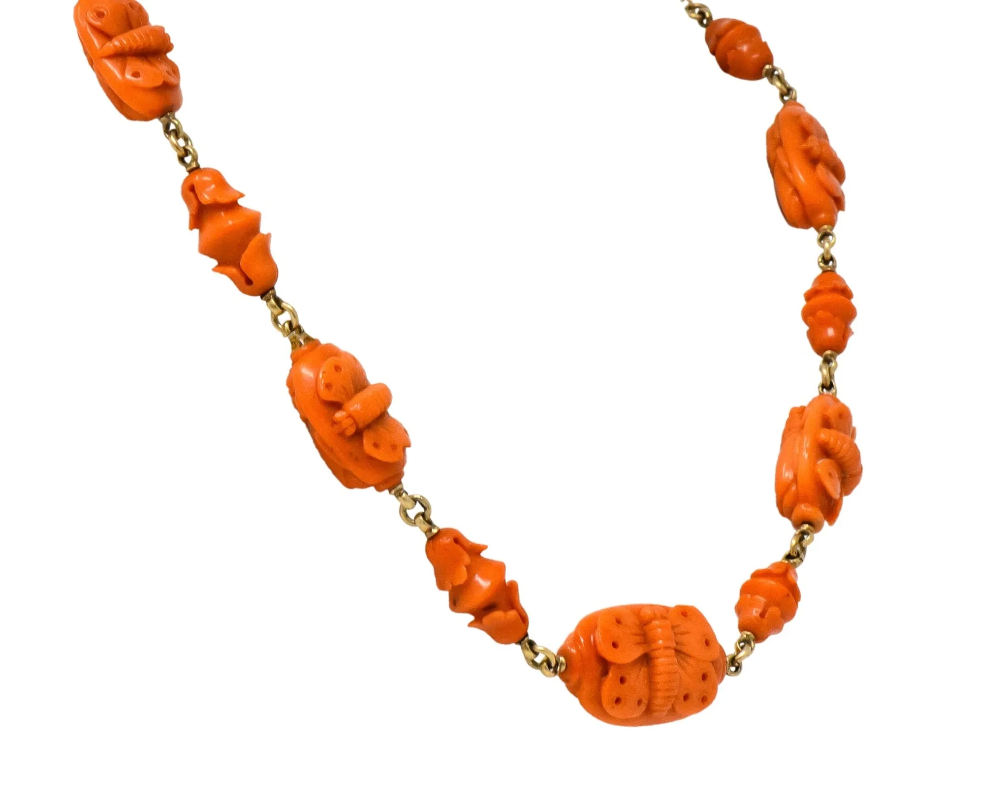 Victorian Carved Butterfly & Scarab Coral 14 Karat Gold Necklace