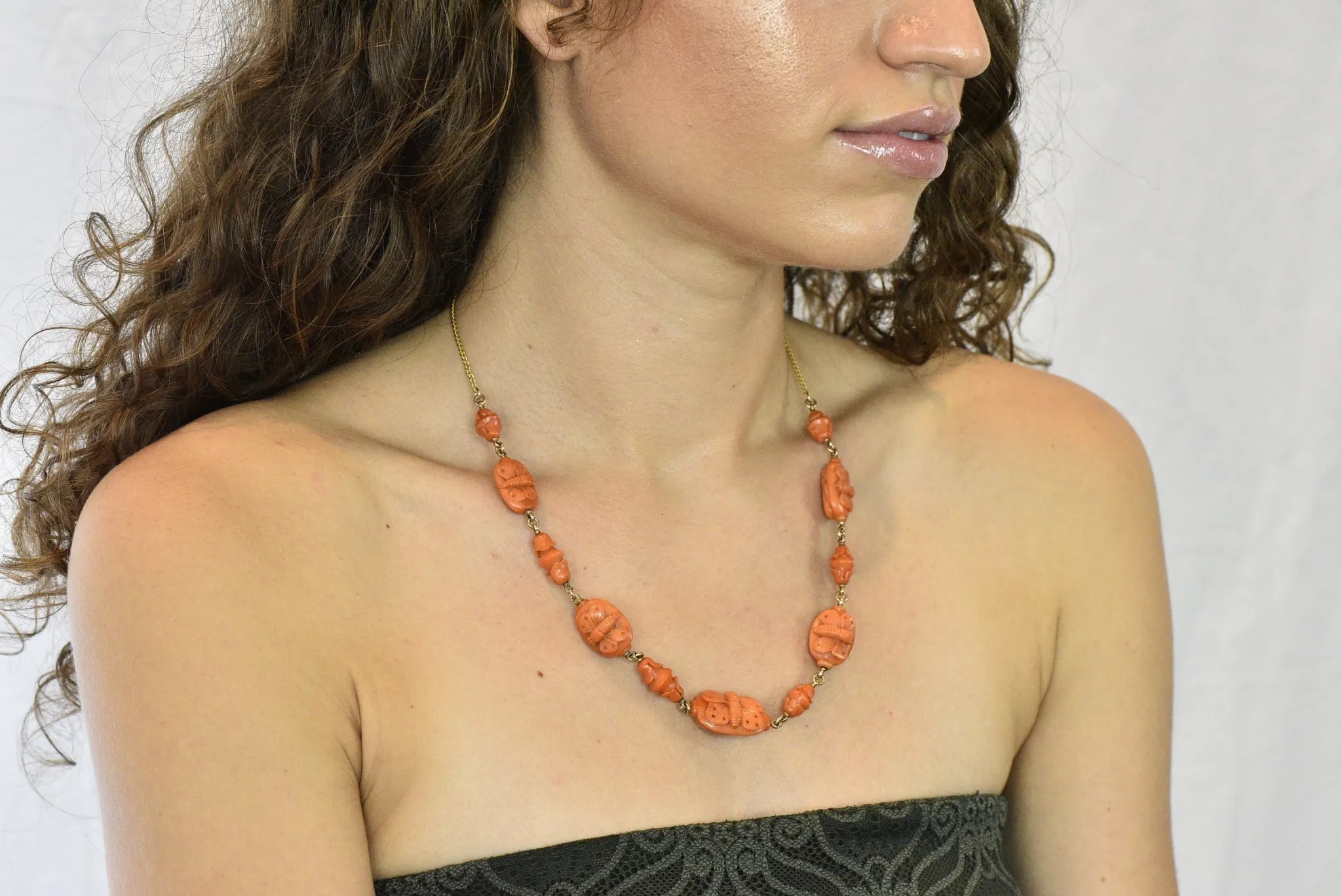 Victorian Carved Butterfly & Scarab Coral 14 Karat Gold Necklace